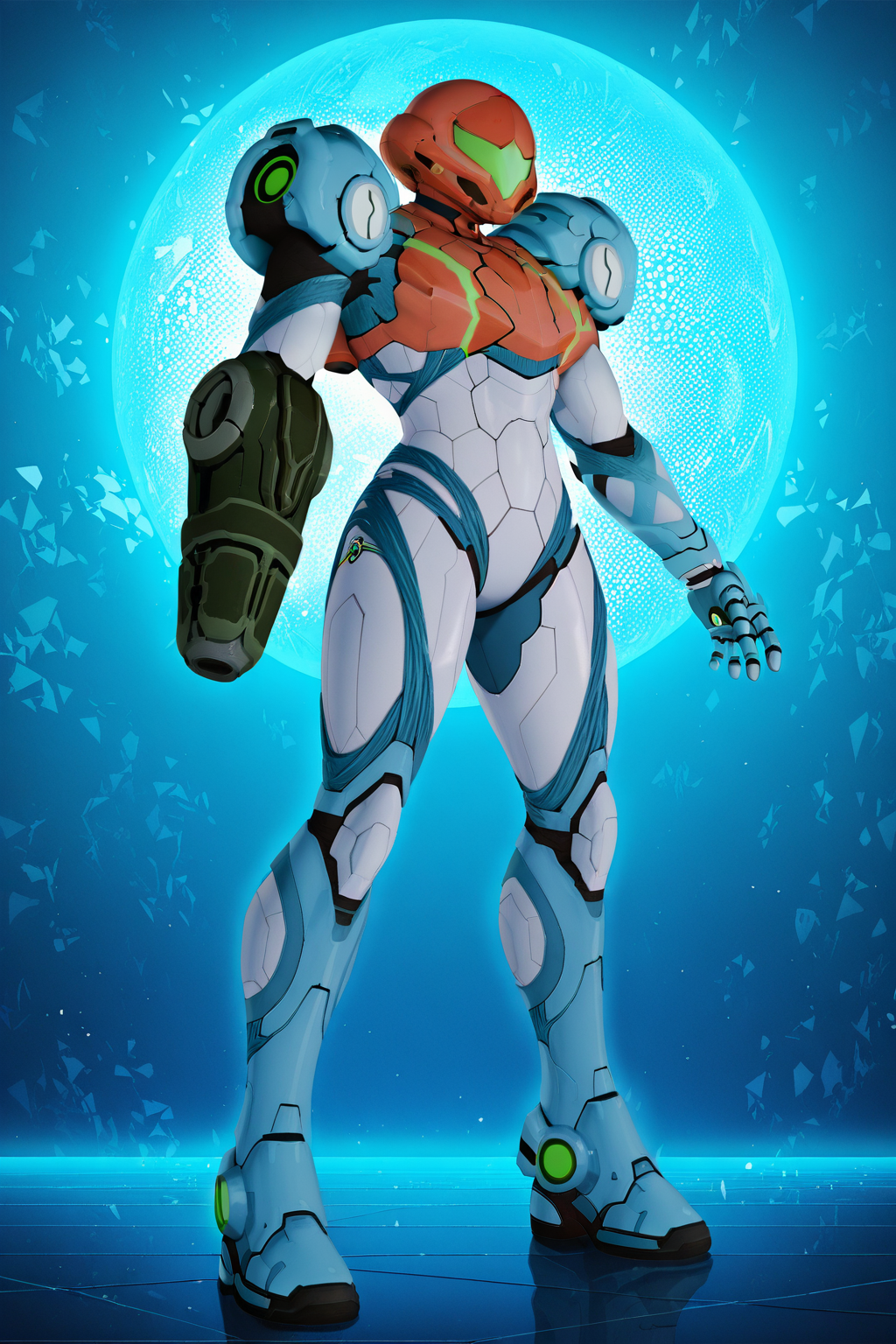 masterpiece, best quality, amazing quality, samus_aran, power_suit, arm cannon, armor, green assault visor, weapon, solo, red helmet, power armor, abstract background, full body, science fiction, standing, looking at viewer, sky blue armor, white midriff