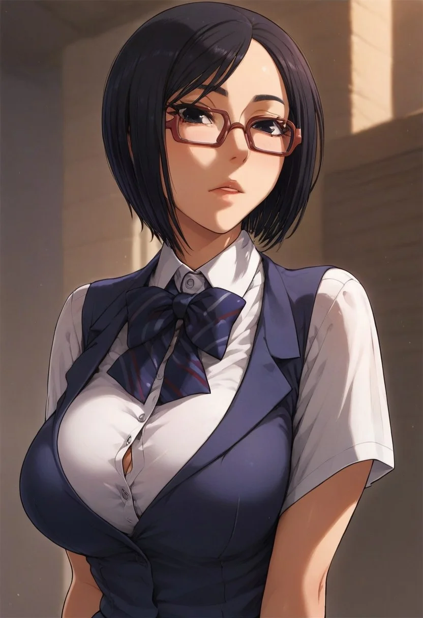 score_9, score_8_up, score_7_up, anime_style, 2D, Akane, 1girl, solo, , black eyes, short hair, breasts, purple hair, large breasts, standing, school uniform, makeup, glasses