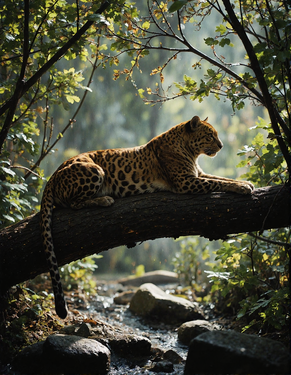 photograph taken in lush jungle lighting.  Picture a leopard with a spotted coat and whiskers, resting lengthwise on a thick, mossy tree branch. The leopard is positioned diagonally across the frame, facing right, with its tail hanging down. Dappled sunlight filters through the green leaves above, creating rim light around the leopard and casting shadows in the dense foliage behind. Below the branch, you can see rocks and more jungle vegetation. The scene is natural and serene, captured with a slightly low angle perspective, <lora:n30nfilm:0.9>, <lora:fluxenhancer:0.5>, <lora:CinematicStyleFlux_v1:0.7>, <lora:FantasyWizardWitchesFluxV2-000001:0.6>