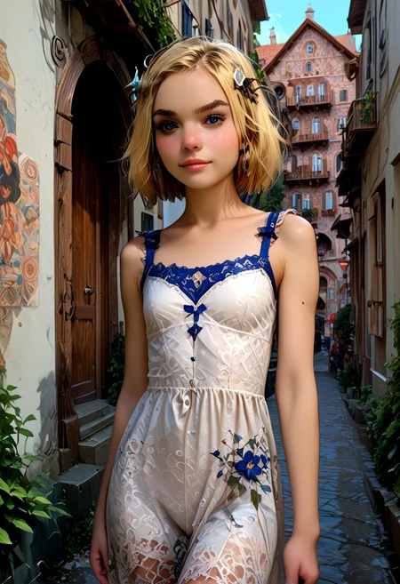 score_9_up, score_8_up, score_7_up, 1girl, solo, Maja Grunzeug, blonde hair, hair ornament, short hair, standing still, town, cute, waving at viewer, front facing, detailed background, girl focus, realistic , ExpresHGothicNeonIncase