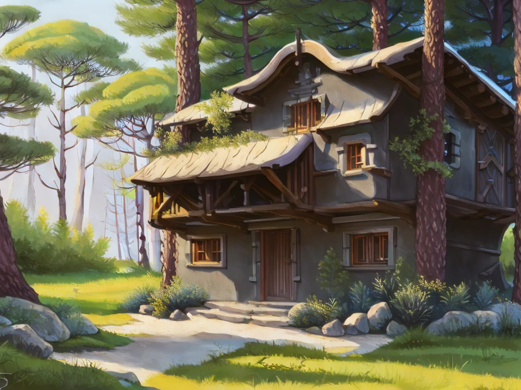 a realistic detail of a ((fantasy, cartoon Apartment in a forest, in the style of CHV3CWizard)) [ :, ((thick ink outlines)), anime, ornate, stylized, digital painting, high detail, professional, masterpiece, Artwork by studio ghibli and Shigeru Miyamoto:.15]