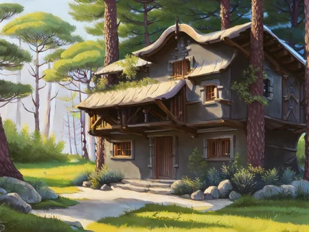a realistic detail of a ((fantasy, cartoon Apartment in a forest, in the style of CHV3CWizard)) [ :, ((thick ink outlines)), anime, ornate, stylized, digital painting, high detail, professional, masterpiece, Artwork by studio ghibli and Shigeru Miyamoto:.15]