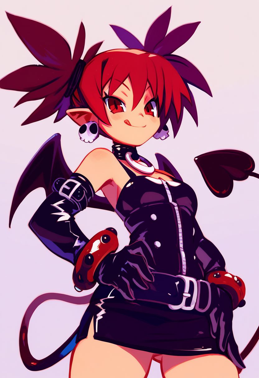 score_9, score_8_up, score_8, (curvy), cute, eyelashes, zPDXL2, Expressiveh,
BREAK, 
etna (disgaea), red eyes, red hair, twintails, pointy ears, choker, 1girl, bat wings, bracelet, , demon tail, earrings,  gloves, jewelry, , solo, tail, tongue,  wings,
hand on hip, smile, smug, 
hand on hip, from below,