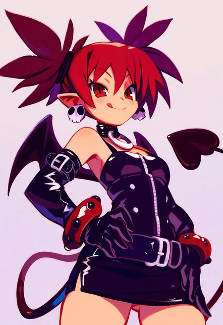score_9, score_8_up, score_8, (curvy), cute, eyelashes, zPDXL2, Expressiveh,
BREAK,
etna (disgaea), red eyes, red hair, twintails, pointy ears, choker, 1girl, bat wings, bracelet, , demon tail, earrings, gloves, jewelry, , solo, tail, tongue, wings,
hand on hip, smile, smug,
hand on hip, from below,