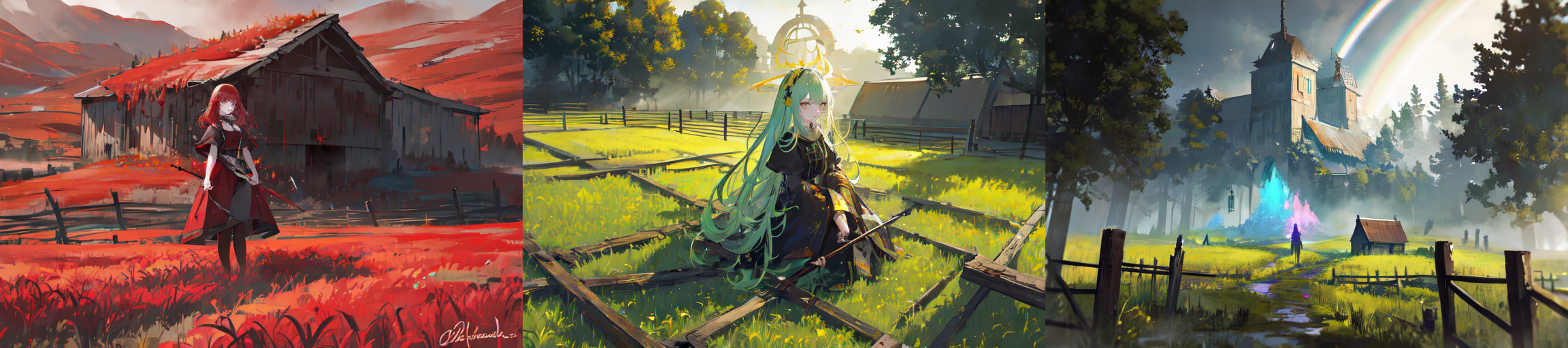 (otherworldly), highly insanely detailed, masterpiece, top quality, best quality, highres, 4k, 8k, RAW photo, (very aesthetic, beautiful and aesthetic), farm, fields, barn, fence, fantfa, <lora:FantasyFarm-10:0.7>, 
1girl, 
(__lazy-wildcards/char/haircolor__), 
(__lazy-wildcards/dataset/background-color__),âââ