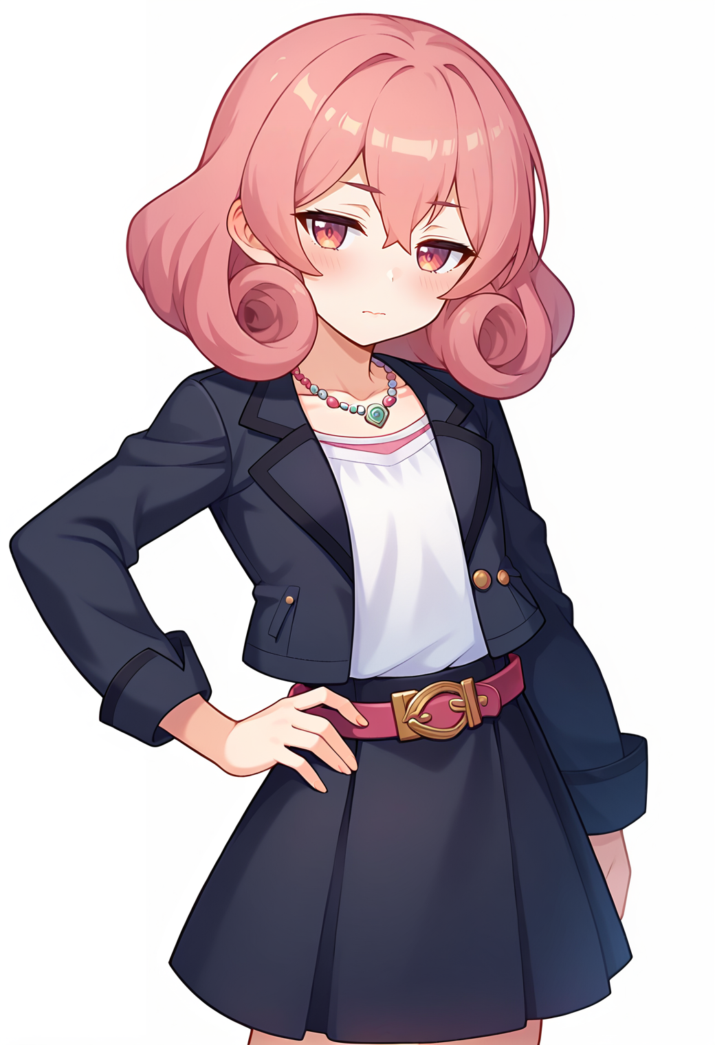 score_9, score_7_up, hd, (ultra hd quality details), source_anime, white background,
solo, 1girl, nenekapcr, curly hair,
skirt, black jacket, open jacket, shirt, jewelry, necklace, collarbone, long sleeves, black skirt, belt,
looking at viewer, blush, half-closed eyes, closed mouth,head tilt,
standing, hand on hip,
<lora:_neneka_pcr-elesico-ponyr1:1>