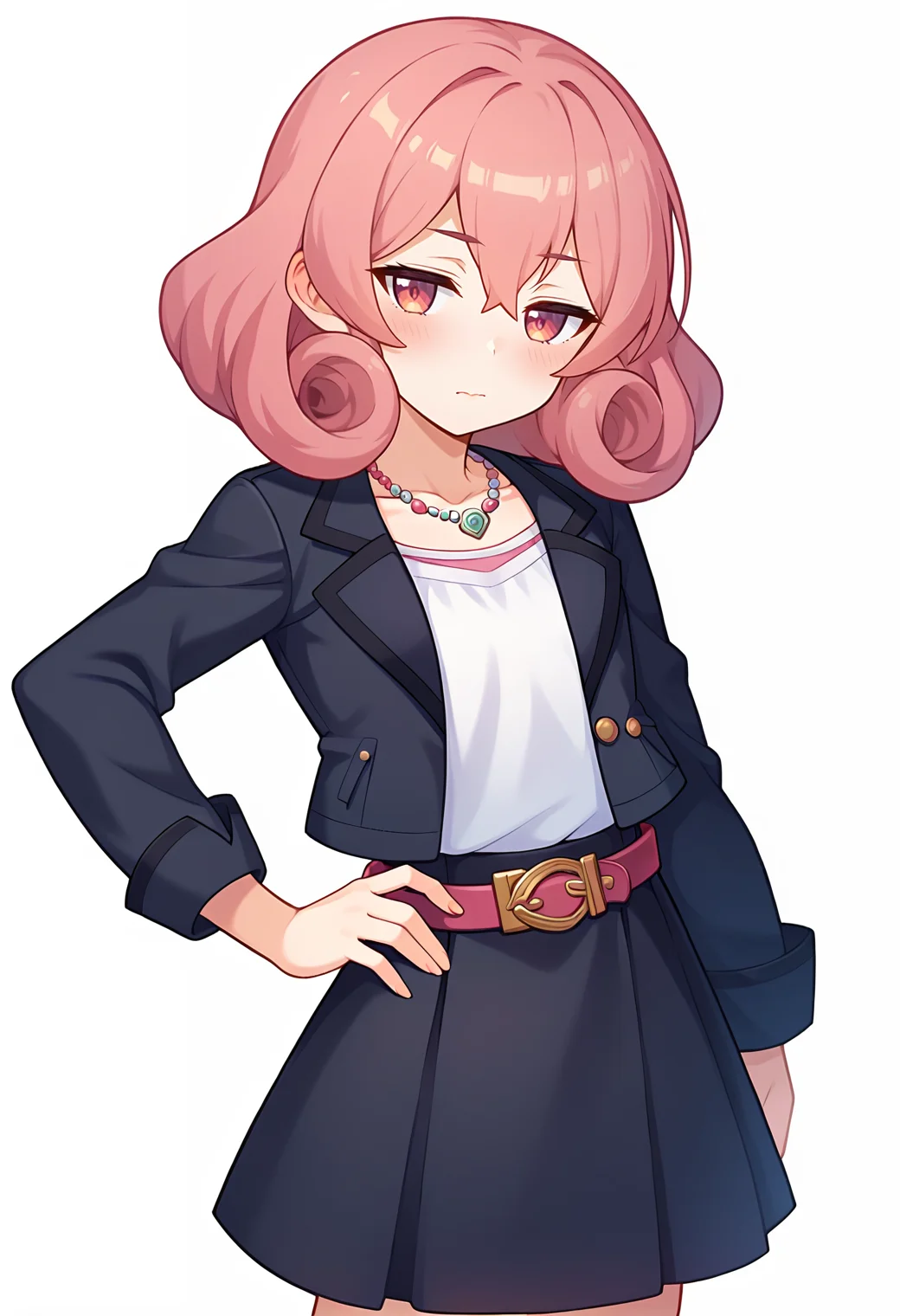 score_9, score_7_up, hd, (ultra hd quality details), source_anime, white background,
solo, 1girl, nenekapcr, curly hair,
skirt, black jacket, open jacket, shirt, jewelry, necklace, collarbone, long sleeves, black skirt, belt,
looking at viewer, blush, half-closed eyes, closed mouth,head tilt,
standing, hand on hip,
<lora:_neneka_pcr-elesico-ponyr1:1>