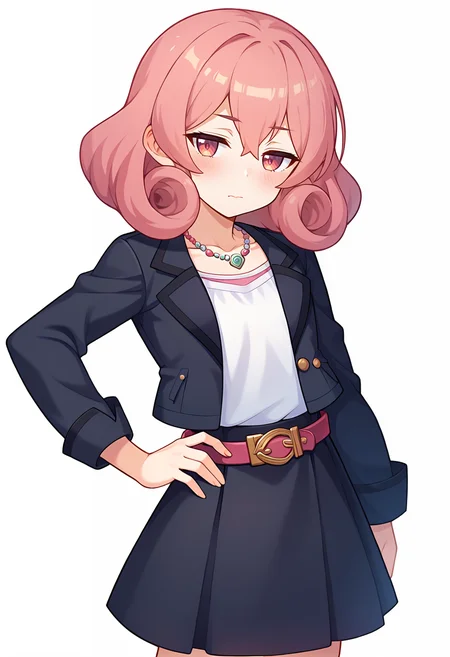 score_9, score_7_up, hd, (ultra hd quality details), source_anime, white background,
solo, 1girl, nenekapcr, curly hair,
skirt, black jacket, open jacket, shirt, jewelry, necklace, collarbone, long sleeves, black skirt, belt,
looking at viewer, blush, half-closed eyes, closed mouth,head tilt,
standing, hand on hip,
<lora:_neneka_pcr-elesico-ponyr1:1>