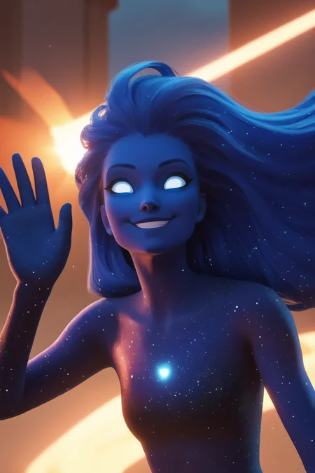 score_9, score_8_up, score_7_up, BREAK, 1girl, solo, <lora:singularity-guy-PONYv1:1>, singularity, blue skin, white eyes, no pupils, floating hair, <lora:owc-guy-PONYv1:1>, waving, depth of field, looking at viewer, glowing, blue theme, smile,