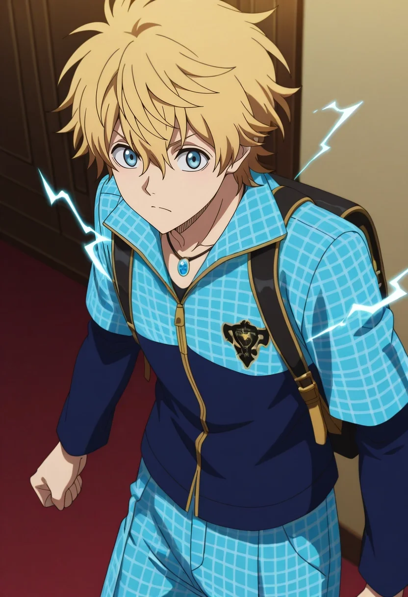 masterpiece, best quality, intricate details, anime screencap, anime coloring, official style, , 1boy, solo, male focus, <lora:luck_voltia_ilxl:0.9>, luck_voltia, blonde hair, blue eyes, short hair, hair between eyes, electricity, , , Indigo Gingham Linen Convertible pants, Felt Leopard print Turquoise Polo jacket, , , Collar necklace with intricate beading or embroidery and and andUltralight Backpack