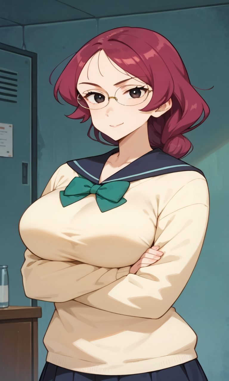 (1girl:1.5), (solo:1.3), (score_9, score_8_up, score_7_up, score_6_up, score_5_up, score_4_up), (source_anime), rating_questionable, looking at viewer, (upper body:1.3), indoors, smirk, 
 (yellow sweater, oversized clothes, long sleeves, blue sailor collar, green bowtie, blue skirt, pleated skirt, miniskirt, white socks, black footwear), (large breasts, wide hips, thick thighs), <lora:kannazuki-sheila-school_v1:0.8> (kannazuki-sheila), (black eyes, eyelashes, magenta hair, long hair, single braids), (forehead, bob bangs, flipped hair, parody hair:1.3), (large breasts), (oval glasses), crossed arms, cross arms in front, under breasts