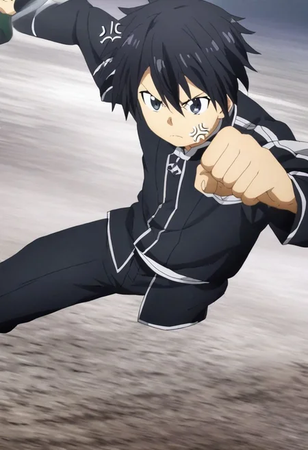 high resolution, solo, best quality, 1Boy, Kazuto Kirigaya, Black Hair, Black Eyes, anger, fight, OverallDetail