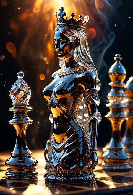 [Masterpiece. Realistic. Transparent Beings. Everything in this universe is made out of sparkling glass crystals. A chess piece made of crystals. Water explosions. Transparent or silver body parts.], detailed, romantic, very inspirational, beautiful, elegant, lovely, cute, pretty, modern, epic composition, fabulous atmosphere, cinematic light, dynamic dramatic ambient, Vibrant Colors , glowing highlights, 
ral-tr33brnch, Arttrttrt, extreme Long Shot, masterpiece, intricate detail, best quality, absurd resolution, Gothic, black stone with golden stripes, elegant, luxury, royal, expensive, 
Stylized chess pieces. Queen chess, Chess game, chess board, luxury and golden design. Photo realistic, cinematic light, concept art. ,