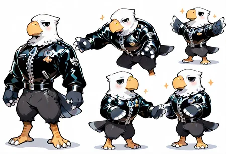 masterpiece, best quality, amazing quality, (chibi), (Apollo-AC, Bald Eagle, black skin with grey tips, white head, yellow beak, feather, black eyes, white claws on the talons, Yellow stripped bird feet, Black leather bomber jacket), (mutiple pose), white background, (detailed eyes, extremely detailed, masterpiece, high quality)