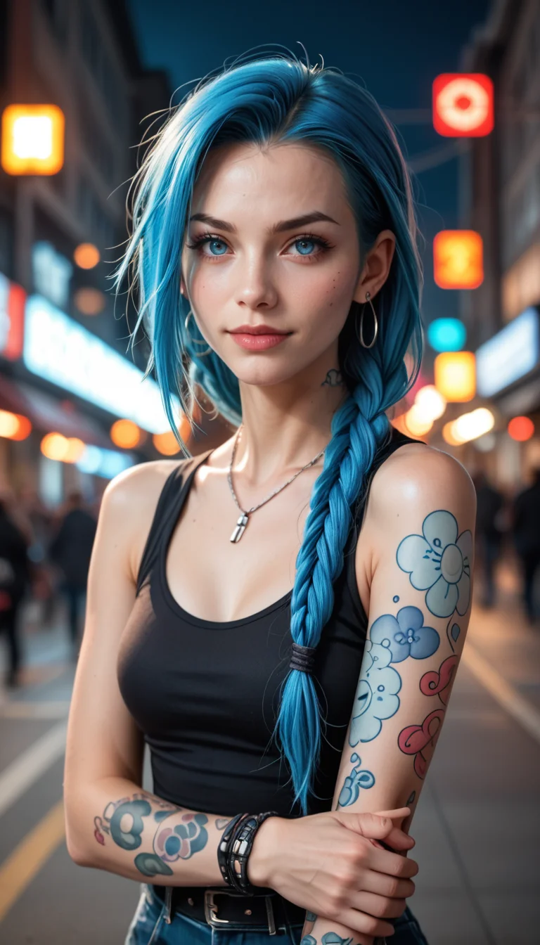 score_9, score_8_up, score_7_up, (Portrait photo), (Jinx), cute, seductive, innocent, cloud tattoos on arm, outdoor, intense blue long hair, bokeh, neon light passing through hair, award winning fashion photography, (city background), (depth of field), (dynamic angle), (fine textures details), (realistic:1.4), (realistic skin:1.4), (sharp), (artistic photo), (analog film grain)