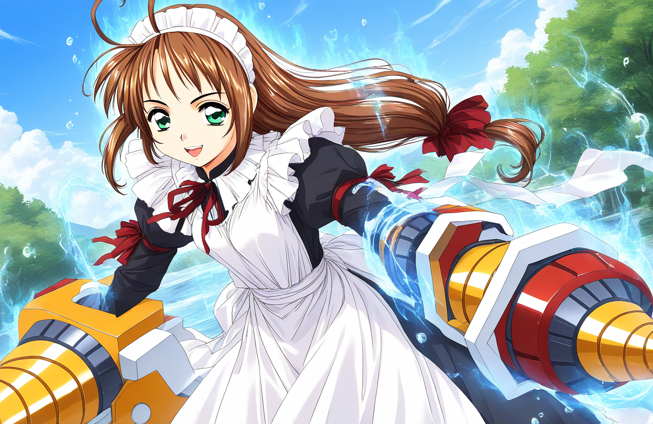 general,highres, game cg, ultra-detailed,very aesthetic,best quality ,best hands,  BREAK  <lora:Spiral_Nami_IS:1>drii_nami, solo, brown hair, green eyes, drill,   maid apron, maid headdress, 
weapon, ahoge, ribbon, maid, long hair, low-tied long hair, open mouth. drill arms,
smile,looking at viewer, cowboy_Shot,
day,  sky, 2000s \(style\),anime coloring, 
aura, magic aura, smile,  water drop,