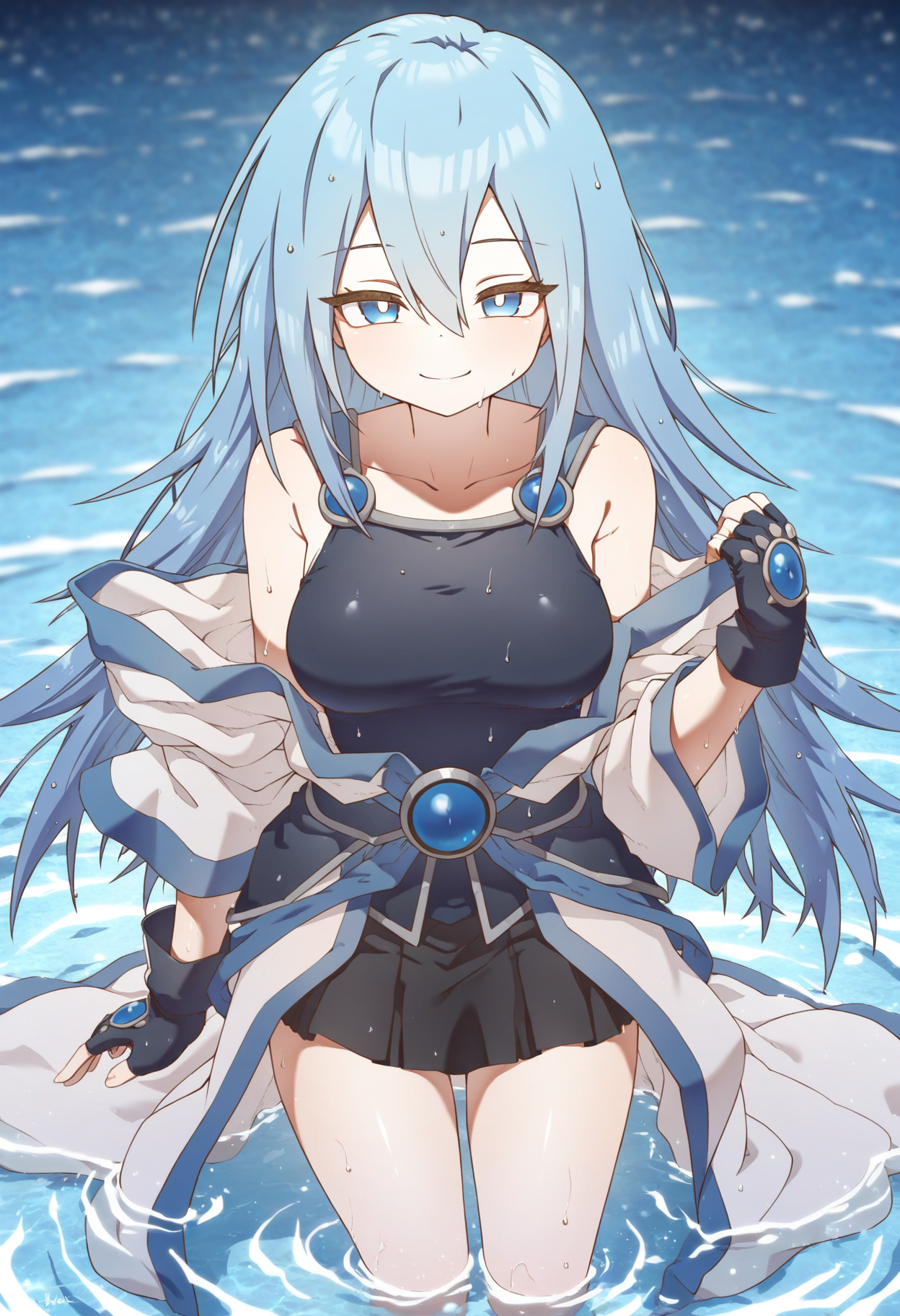 masterpiece,best quality,amazing quality,
1girl, duel monster, solo, blue hair, long hair, breasts, blue eyes, skirt, smile, gloves, open robe, water, looking at viewer, fingerless gloves, black skirt, robe, bangs, medium breasts, hair between eyes, collarbone,
 <lora:MountainHan:1>