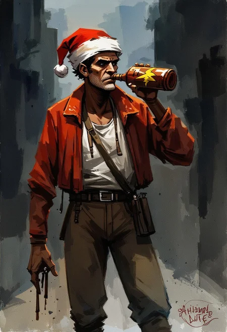 A homeless man with a christmas hat drinking from a bottle with a yellow lightning bolt symbol on it.background of  dark alley. Watercolor painting