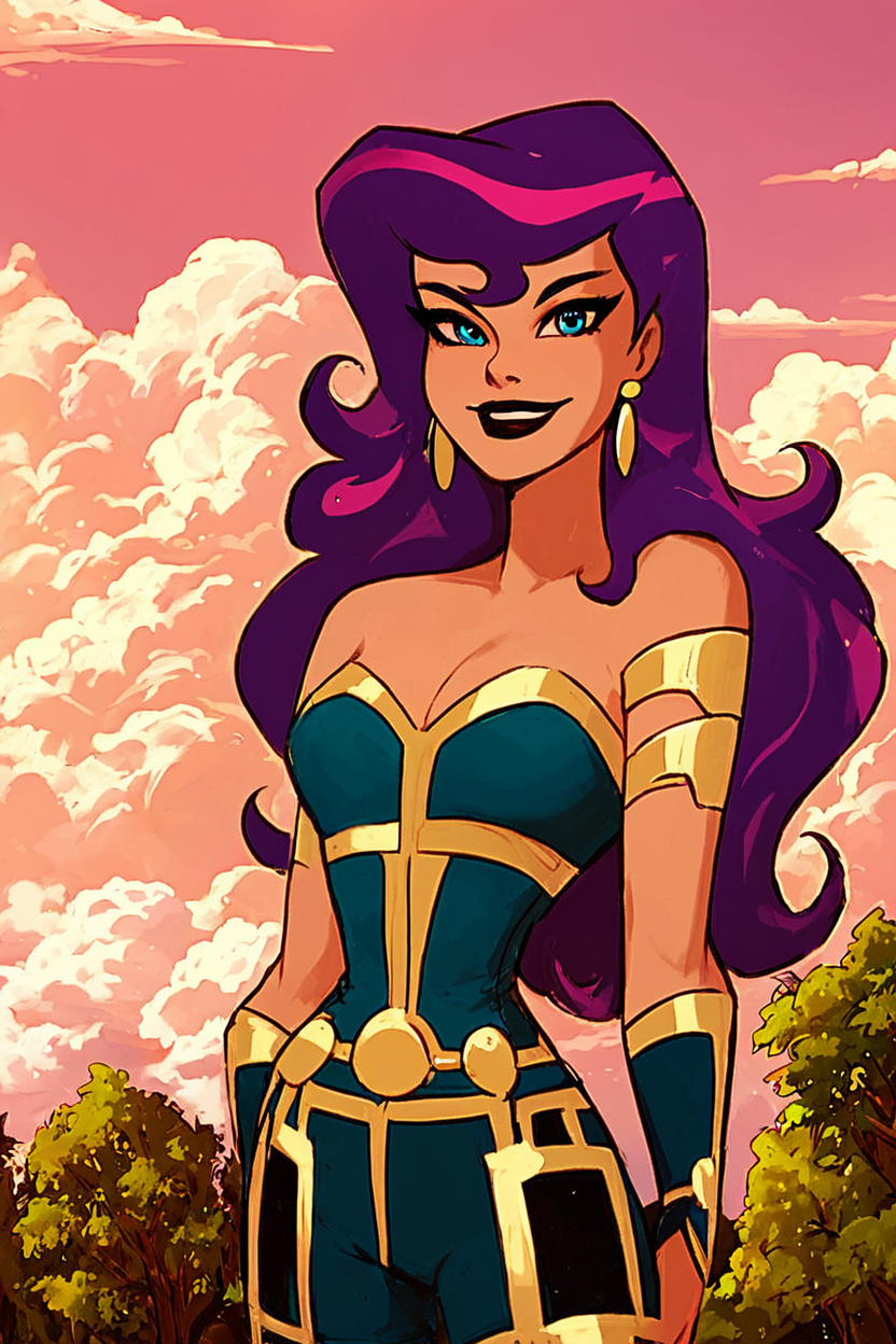 score_9, score_8_up, score_8, medium breasts, (curvy), cute, eyelashes,       BREAK, , ,,,    zzCirce, blue eyes, purple hair, long hair, bare shoulders, jewelry, earrings, makeup, lipstick, cleavage,  ,<lora:Circe_JLU_PDXL:1.0>,   ,,, , BREAK, smile, looking at viewer, cowboy shot, ,,, outdoors, sky, day, cloud, tree, blue sky, sunny,  ,,, Expressiveh, ,,, <lora:Alola_Style_PDXL:0.8>, <lora:Expressive_H-000001:0.4>,