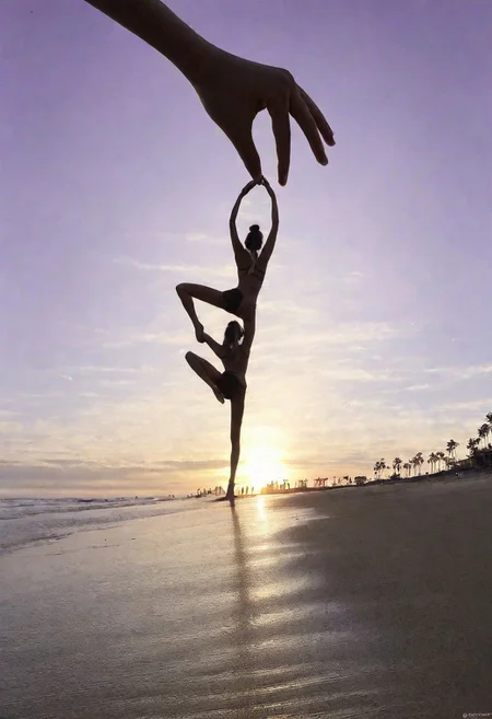 F-B-C, POV, silouhette, foreground: pincer fingers  , background: a woman doing a yoga figure on the beach with one leg raised  , effect: fingers pull woman's leg up