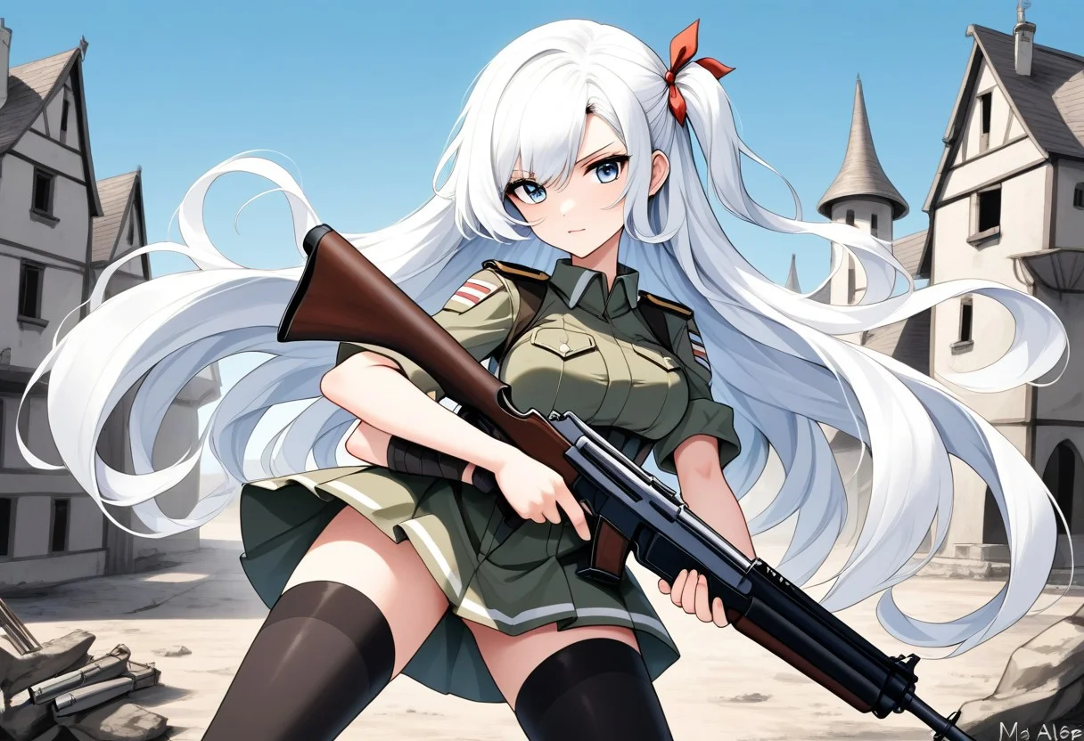 Standard army set, with camuplage,long flowing white hair that reached down to her hips ,hair tip ribbon,one side up,,black thighhighs which add touch elegence,she standing with on legs slightly bent , battle skirt,thighhighs,(two arm position holding one shotgun:1.4), holding weapon properly ,deserted town, cleavege ,gun shooting pose