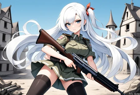 Standard army set, with camuplage,long flowing white hair that reached down to her hips ,hair tip ribbon,one side up,,black thighhighs which add touch elegence,she standing with on legs slightly bent , battle skirt,thighhighs,(two arm position holding one shotgun:1.4), holding weapon properly ,deserted town, cleavege ,gun shooting pose