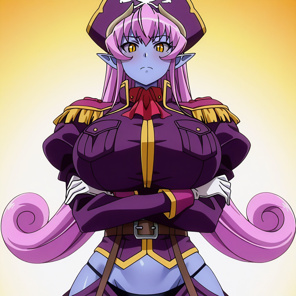 best quality, amazing quality, absurdres, uncensored, detailed eyes, perfect eyes, extremely detailed CG, extremely detailed face, perfect face, detailed Lora, anime, masterpiece, beautiful eyes, beautiful face, high resolution, distinct image, 4k, 8k, high resolution, high, super, hyper, distinct image, beautiful eyes and detailed face BREAK  <lora:Aku_no_Onna_Kanbu_-_Ephanatica:1>Ew_Ephanatica, anime screencap, anime coloring, 1girl, solo, blue skin, colored skin, huge breasts, yellow eyes, slit pupils, grey sclera, colored sclera, pink hair, long hair, pointy ears, horns, pirate hat, white gloves, belt, pocket, ascot, epaulettes, purple military uniform, black panties, underwear, hip vent, high heel boots, upper body, standing, crossed arms, looking at viewer