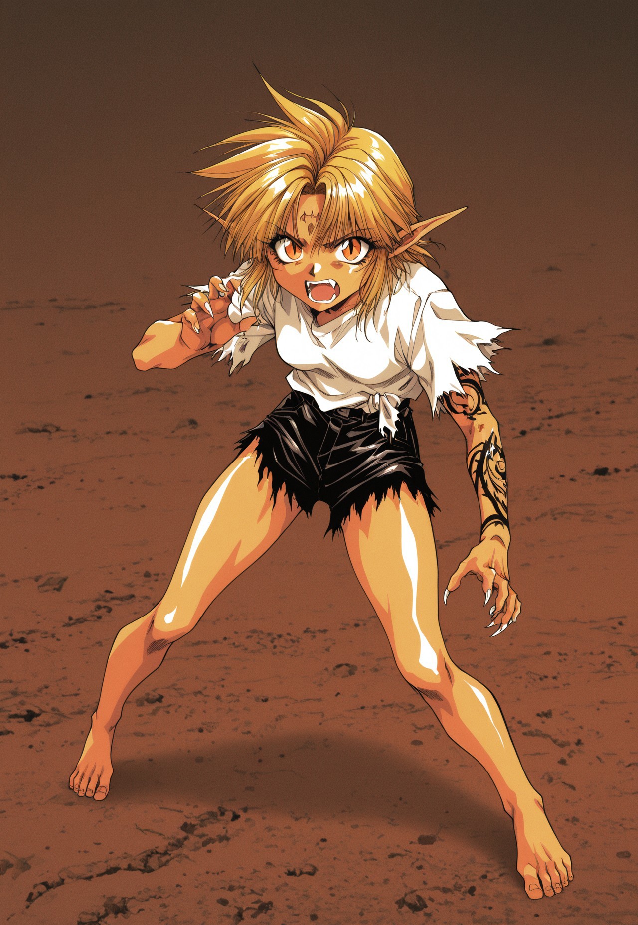 MinekuraStyle, official art, cover, 1990s style, retro artstyle, film grain, BREAK, MinekuraStyle, BREAK
1girl, fighting stance, orange eyes, slit pupils, pointy ears, open mouth, fangs, claws, torn clothes, white shirt, short sleeves, black shorts, barefoot, arm tattoo, blonde hair, wasteland