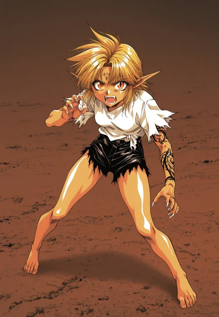 MinekuraStyle, official art, cover, 1990s style, retro artstyle, film grain, BREAK, MinekuraStyle, BREAK
1girl, fighting stance, orange eyes, slit pupils, pointy ears, open mouth, fangs, claws, torn clothes, white shirt, short sleeves, black shorts, barefoot, arm tattoo, blonde hair, wasteland