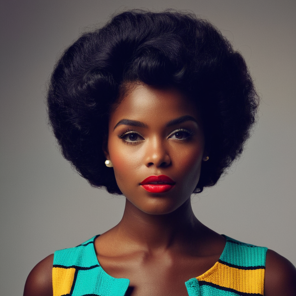 UHD, 4k, ultra detailed, cinematic, a photograph of  <lora:Retro Fashion style:1>
a woman with a colorful top and a black hair retro style,1girl,solo,simple background,shirt,black hair,white background,bare shoulders,brown eyes,upper body,parted lips,teeth,sleeveless,dark skin,dark-skinned female,curly hair,realistic,very dark skin,afro , model, modeling, retro, fashion, vintage, classic, 1950's, 1940's 1960's, different, colorful, different hair style, vivid, film noise, film grain, filmic, perfect, perfection, detailed, contrast, deep color, saturation, fashionista, retro fashion style, epic, beautiful lighting, inpsiring