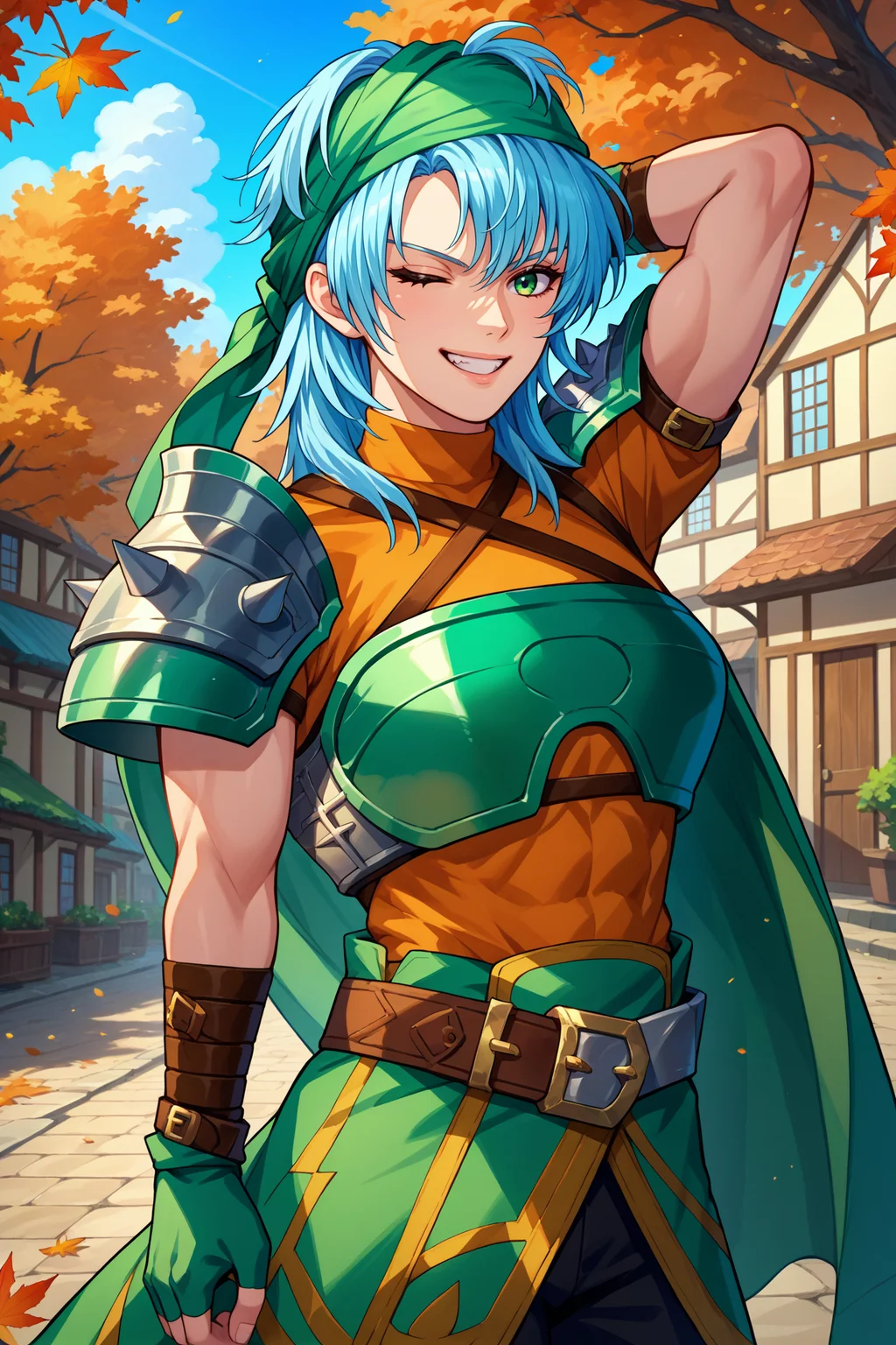score_9, score_8_up, score_7_up, score_6_up, source_anime, 1girl, solo, <lora:feechidna-pdxl-nvwls-v1-000005:1> feechid, light blue hair, green eyes, green bandana, green armor, shoulder armor, breastplate, orange shirt, shoulder spikes, belt, green skirt, bracelet, green gloves, fingerless gloves, black pants, arm behind head, grin, toned, looking at you, closed eyes, village, blue sky, autumn