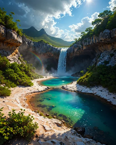 (fantasy landscape:1.2),(surreal landscape:1),
a mystical mountain summit, with shimmering crystals, an enchanting aura,  
Hailstorm Weather,  
Stratocumulus undulatus like sand dunes,  
Midnight sun polar circle effects, 
Monsoon season river floods,
Cenote sinkhole pools,  
,
,
,
Greg Rutkowski: (magical lighting), (smooth color transitions), (dynamic character details), (epic fantasy scenes) :cite[2],
 f/8, shutter speed 1/1000 sec, iso3200, white balance fluorescent, exposure compensation "-3.0 ev", shutter priority shooting mode, symmetry and balance, focus mode manual, partial metering,
(masterpiece:1.4), (intricate details:1.4), (hyperrealistic:1.3),(painting:0.9),(ultra detailed:1.4), (8k resolution:1.3), (sharp focus), (dramatic perspective:1.1), (chromatic aberration:0.3), (film grain:0.2), 
 <lora:cheeseDaddys_35:0.3>,
<lora:JuggerCineXL2:0.3>,
 <lora:add-detail-xl:1.15>,
 <lora:WildcardX-XL-Detail-Enhancer:0.4>,
 <lora:sdxl_lightning_8step_lora:0.3>,
<lora:EnvyDramaticLightingXL02_photo:0.4>,
 <lora:xl_more_art-full_v1:0.7>,
 <lora:ClassipeintXL2.1:0.3>,
 <lora:Flux-XL_Scenery:0.5> flux-scenery,