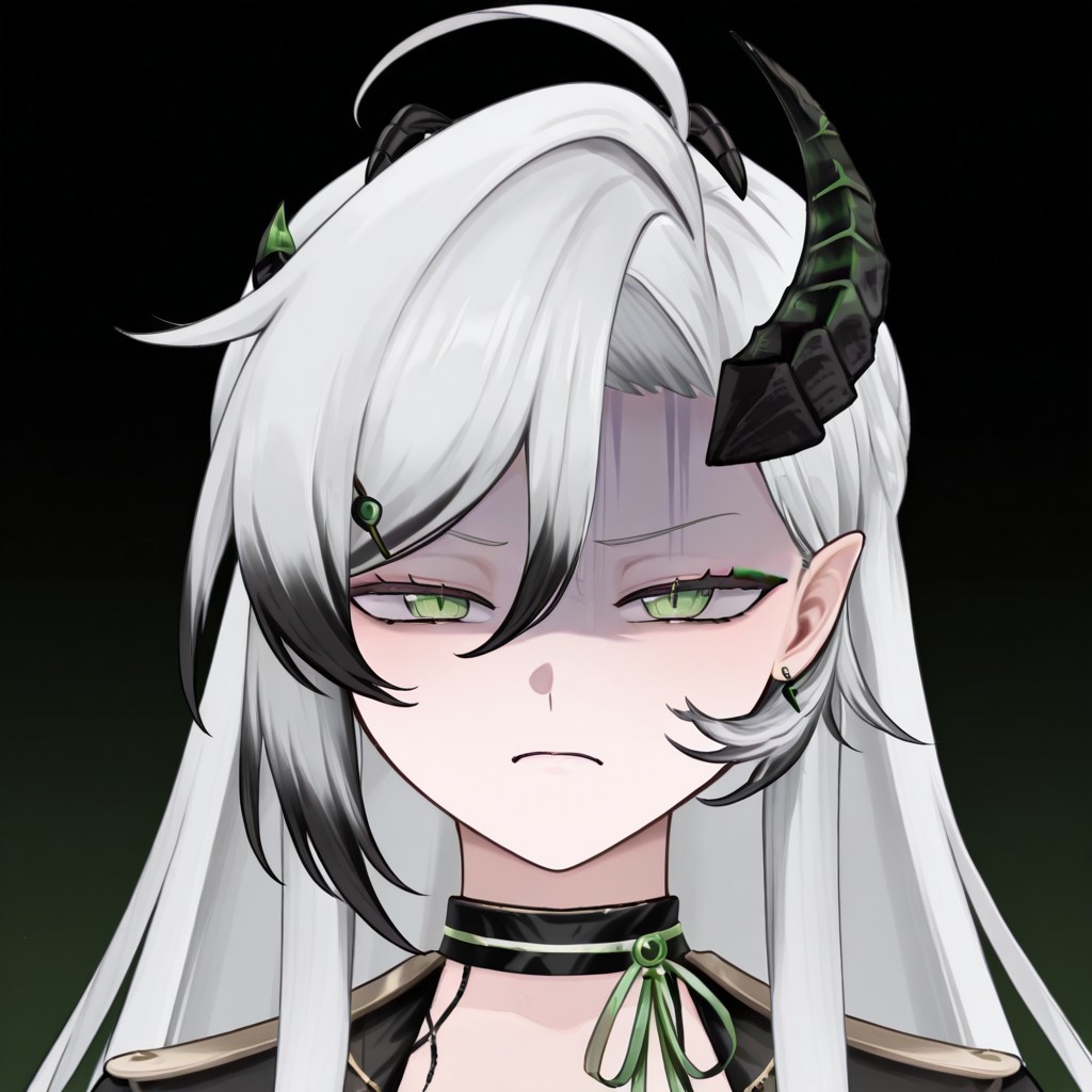 aka2nd, 1girl, solo, green eyes, mascara, slit pupils, grey hair, black hair, white hair, multicolored hair, very long hair, black choker, single horn, green horns, hair between eyes, ahoge, hair ornament, earrings, pointy ears,
looking at viewer, gloom \(expression\), disgust, half-closed eyes, v-shaped eyebrows, closed mouth,