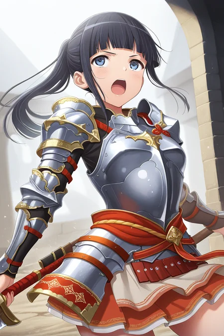 masterpiece, best quality, amazing quality,
<lora:Mahiru_IL:1> mahiru, 1girl, solo, armor, blue eyes, breastplate, black hair, open mouth, ponytail, skirt, bangs, long hair, blunt bangs, weapon, shoulder armor
