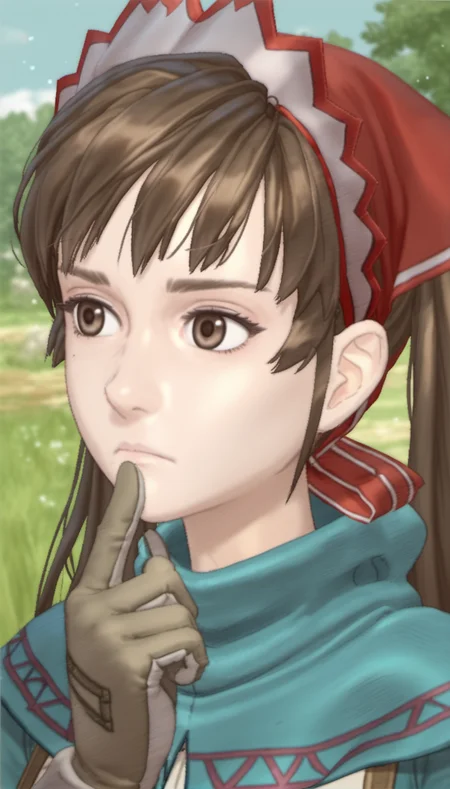score_9,score_8_up,score_7_up,
<lora:aliciamelchiott:0.9>,
aliciamelchiot,
realistic,
1girl,solo,
brown hair,twintails,
brown eyes,looking ahead,pondering,
headdress,squad leader outfit,brown belt,blue high-collar,brown gloves,
close up,facing viewer,finger on chin,
blurry background,bloom,lights particle,outdoors,countryside,wind,vignetting,particle effects,lens flare,