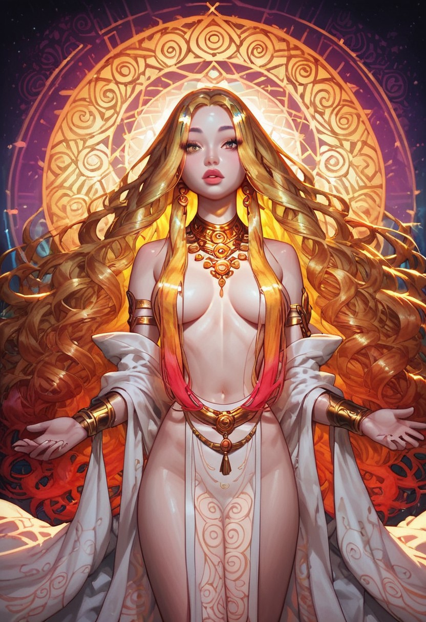 score_9, score_8_up, score_7_up, score_6_up, score_5_up, score_4_up, (hyperrealistic, intricate details), 1girl, (beautiful face, perfect lips:1.2), narrow waist, white skin, large eyes, gold eyes, gold aura, gold choker,  gold bracelets, gold ring, glowing skin, gold hair, rainbow coloured edges, (long hair:1.5), flowing hair, large gold earrings, gold waist bracelet, gold anklet, white robe, gold necklace, revealing robe, hair ornament, hair censor, bracer, armlet, dramatic lighting, Mandala background, Instructor Outfit, The_instructor,