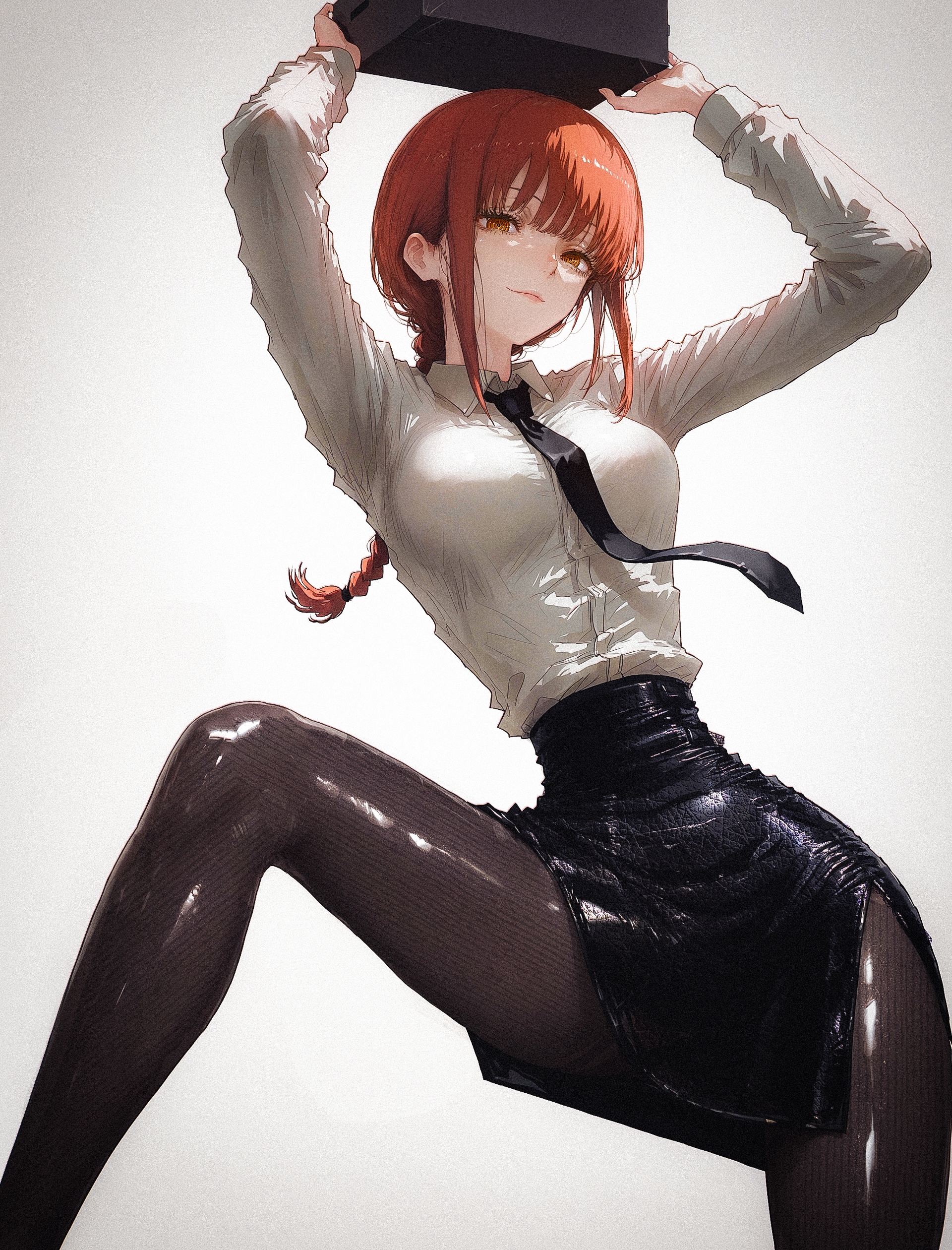 makima \(chainsaw man\), 1girl, solo, upper body, 
lips, nose,
arms up, shiny clothes, leather skirt,  dynamic pose, contrapposto,  (dynamic:2.0), glossy black pantyhose, narrow waist, knee up,  black box, looking at viewer, smirk, closed mouth, 
masterpiece, best quality, amazing quality, very aesthetic, 
(by nishiii26miii; by sawarakajin; by kabuyama kaigi:1.25),
by xuer guangying <lora:绪儿 厚涂构图光影质感增强V3:0.7> <lora:KonyaKarasue-000008:0.4>