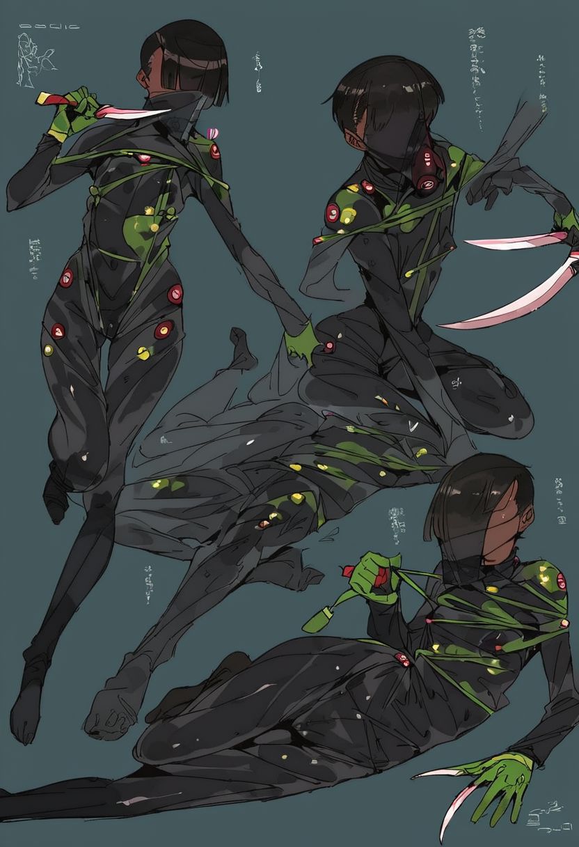 score_9, score_8_up, score_7_up, score_6_up, score_5_up, score_4_up,  1girl,  black eyes, green tree, ((midnight)), tilted angle, loop lighting, (((forest))), solo, ((((holding sickle)))), Concept Art, (((((((camo bodysuit))))))),  flat breasts, flat ass, skinny leg, skinny body, slim girl, (18 years old)), ((pettie)), narrow waist, flat chest, , (((short))), flat breasts, flat ass, narrow waist, ((flat chest)), (((short))), ((flat chest)), (((anorexic))), ((((dark skin woman))))), (((tight green glove))), ((((bodysuit)))), black hair, (((pixie cut))),  (((smug))), ((green glove)), , ((nipple)), ((((((dynamic pose)))))))   , ((((((dynamic hand))))))) , ((((((dynamic leg))))))) ,(((((((transparent black bodysuit)))))), ((transparent gas mask)), , ((((lesbian))))), ((((lying down)))), ((((character sheet))))