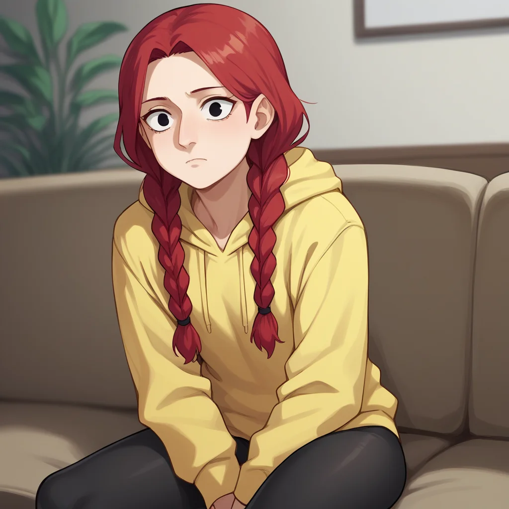 score_8_up, BREAK, Aquiline Nose, 1girl, solo, red hair, twin braids, black eyes, yellow hoodie, black leggings, on couch, indoors, depth of field, <lora:AquilineNose_PXL_Leaf1:1>, front,