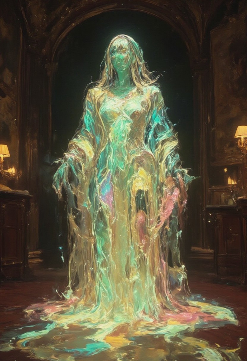 The image is a highly detailed, CGI-rendered artwork depicting an ethereal scene in an opulent, ornately decorated room. The central figure is a ghostly, translucent apparition of a person, dressed in a flowing, iridescent gown that shimmers with hues of green, blue, pink, and yellow. The figure's face is indistinct, with a soft, glowing outline.