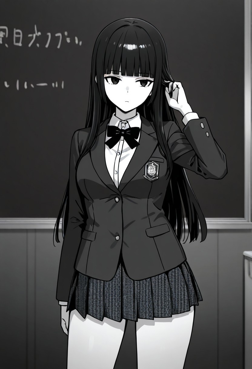 score_9, score_8_up, score_7_up, 1 girl ,jabami yumeko, black hair, long hair, blunt bangs,school uniform, blazer, collared shirt, pleated skirt,
high res, highly detailed, monochrome, grey scale, pubic hair,
expressionless,
classroom,
standing, adjusting hair,