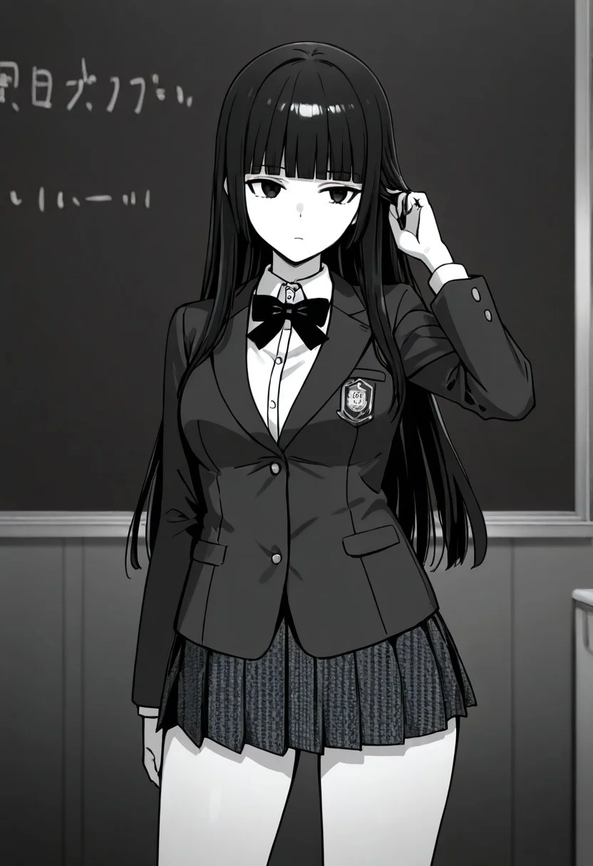 score_9, score_8_up, score_7_up, 1 girl ,jabami yumeko, black hair, long hair, blunt bangs,school uniform, blazer, collared shirt, pleated skirt,
high res, highly detailed, monochrome, grey scale, pubic hair,
expressionless,
classroom,
standing, adjusting hair,