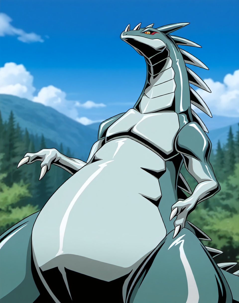 <lora:Metallisaur_(Shinzo)_(Illustrious)_(AD):1.35> Metallisaur, monster, Shinzo, 
exterior, vivid anime blue sky with detailed clouds, forest, 
dynamic action, monster, wide upper body, tail, thick thighs, thick body, male focus, ridged front body, ridged stomach, ridged chest, ridged neck, made of metal, end boss, unstoppable, strong, glossy metal body, rawr, 
BREAK: very awe, aesthetically pleasing, masterpiece, best quality, amazing quality, very aesthetic, perfect depth of field shot, 
masterpiece, best quality, amazing quality, very aesthetic, high resolution, ultra-detailed, absurdres, newest, scenery, {Prompt}, BREAK, detailed background, detailed hair, depth of field, volumetric lighting, 
BREAK: lazympos, lazypos (3),