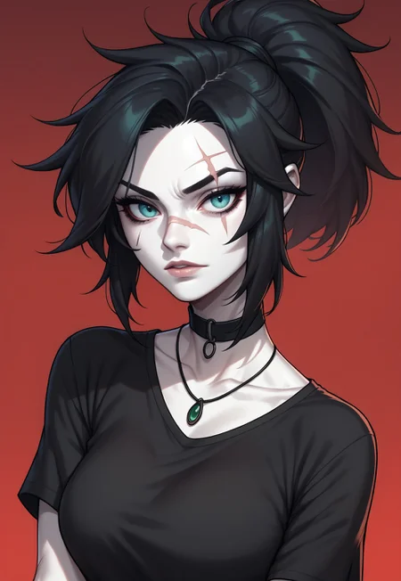 score_9, score_8_up, score_7_up, 1girl, solo, pale skin, black hair in a ponytail, (green|blue) eyes, black choker necklace, black shirt, scar over one eye, black and red gradient background