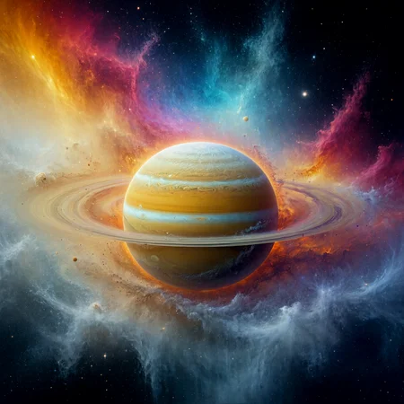 Saturn. Cosmic conflagration. Emerging from swirling cosmic dust.
<lora:Splash01a_CE_XL_300-OT:0.6> splshCE_style