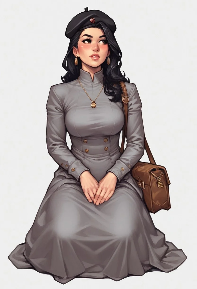 <lora:f4nto_v2:50>, f4nt,
retro artstyle,1980s \(style\), science fiction, realistic, solo focus,
<lora:retro-comic-80:1>,
1girl, solo, black hair, hat, long hair, grey dress, dress, black headwear, white background, sitting, leaning to the side, long sleeves, beret, arm support, looking to the side, simple background, realistic, jewelry, yokozuwari, brown eyes, earrings, blush, bag, (((full clothed))),
BREAK
strange world background score_9, score_8_up, score_7_up, score_6_up, source_cartoon, rating_explicit, Expressiveh, (((((full body))))), dynamic pose