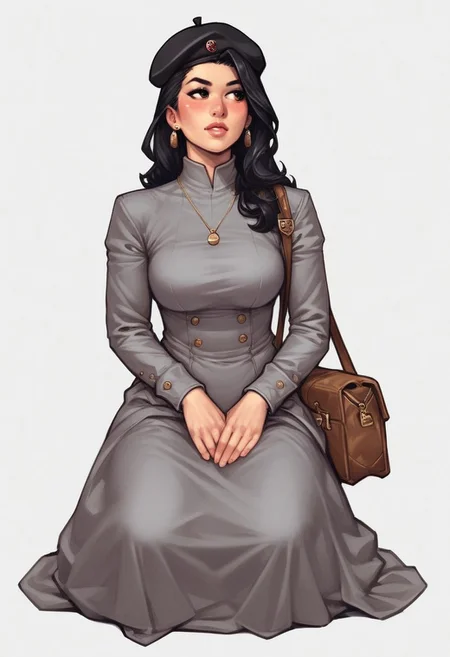 <lora:f4nto_v2:50>, f4nt,
retro artstyle,1980s \(style\), science fiction, realistic, solo focus, 
<lora:retro-comic-80:1>, 
1girl, solo, black hair, hat, long hair, grey dress, dress, black headwear, white background, sitting, leaning to the side, long sleeves, beret, arm support, looking to the side, simple background, realistic, jewelry, yokozuwari, brown eyes, earrings, blush, bag, (((full clothed))),
BREAK 
strange world background score_9, score_8_up, score_7_up, score_6_up, source_cartoon, rating_explicit, Expressiveh, (((((full body))))), dynamic pose