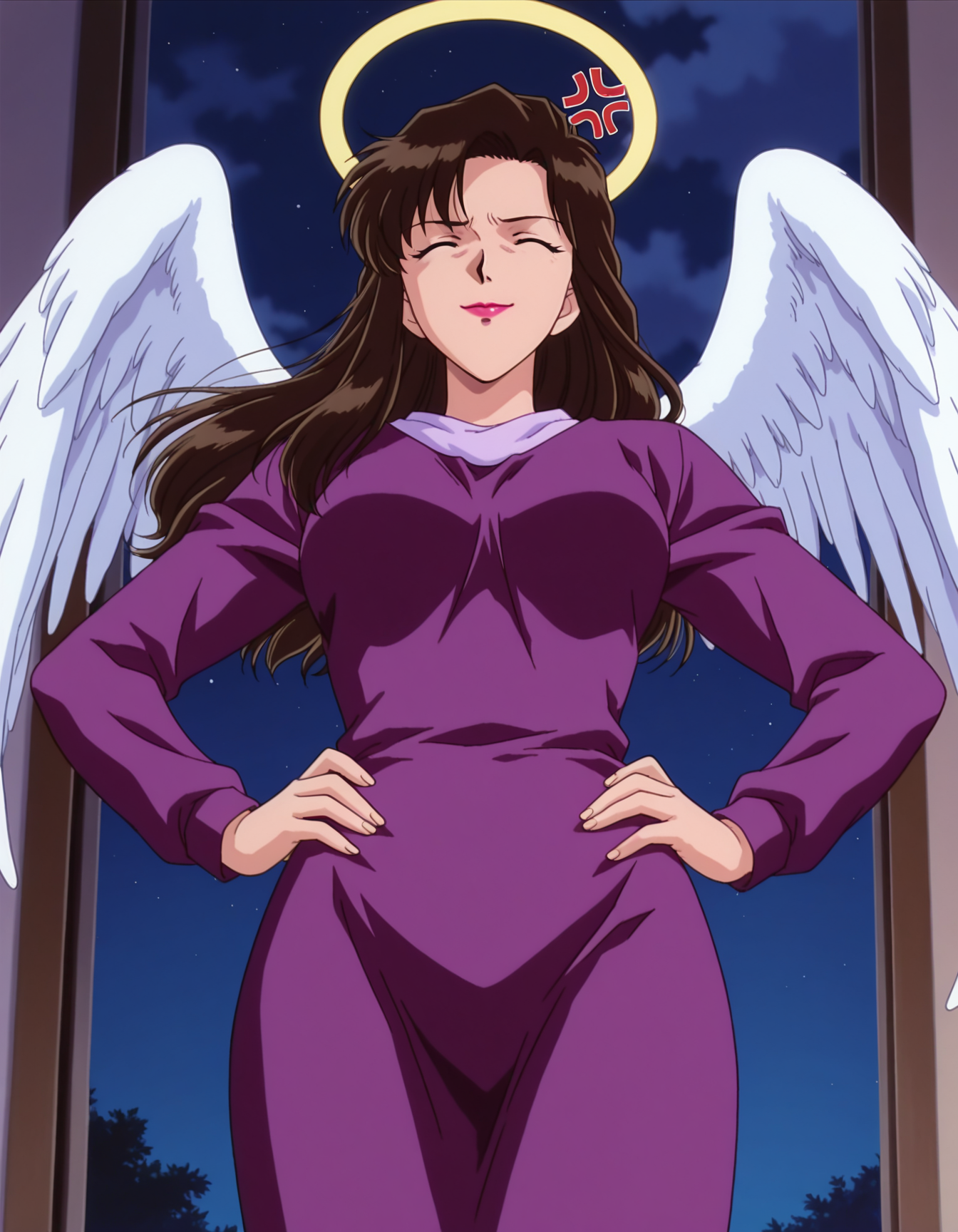 1girl,solo,masterpiece,best quality,anime screencap, 1990s \(style\),
<lora:fujimura naomi_conan_v1_IL:0.6>,(meitantei conan:0.3), fujimura naomi,brown hair,black hair,lipstick,arched bangs,wave hair,purple dress, long hair,  long sleeves, dress,mature female,halo,angel wings
my room,anger vein,false smile,closed eyes, closed mouth, from below,night, darkness,hands on own hips, straight-on,