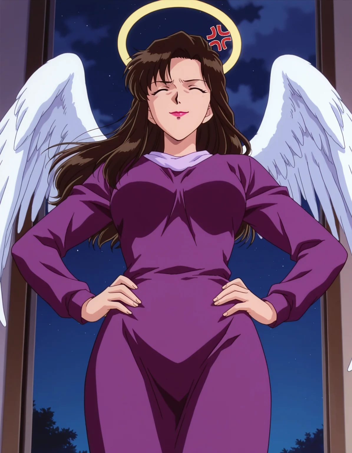 1girl,solo,masterpiece,best quality,anime screencap, 1990s \(style\),
<lora:fujimura naomi_conan_v1_IL:0.6>,(meitantei conan:0.3), fujimura naomi,brown hair,black hair,lipstick,arched bangs,wave hair,purple dress, long hair,  long sleeves, dress,mature female,halo,angel wings
my room,anger vein,false smile,closed eyes, closed mouth, from below,night, darkness,hands on own hips, straight-on,