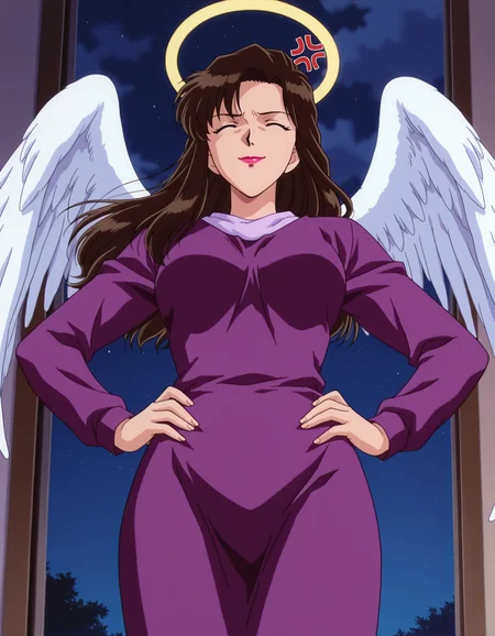 1girl,solo,masterpiece,best quality,anime screencap, 1990s \(style\),
<lora:fujimura naomi_conan_v1_IL:0.6>,(meitantei conan:0.3), fujimura naomi,brown hair,black hair,lipstick,arched bangs,wave hair,purple dress, long hair, long sleeves, dress,mature female,halo,angel wings
my room,anger vein,false smile,closed eyes, closed mouth, from below,night, darkness,hands on own hips, straight-on,